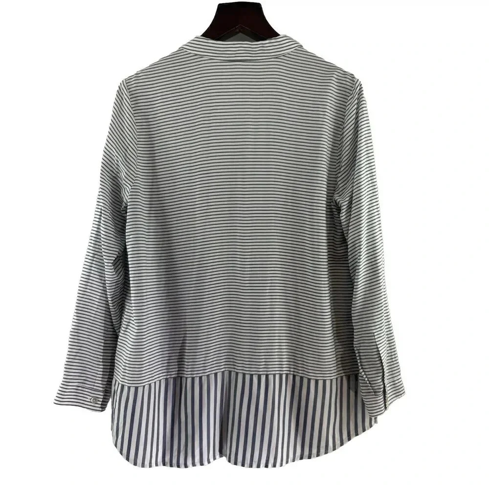 J Jill Womens Button Tunic Top Shirt Large Long Sleeve Striped Navy Blue White - Picture 2 of 7